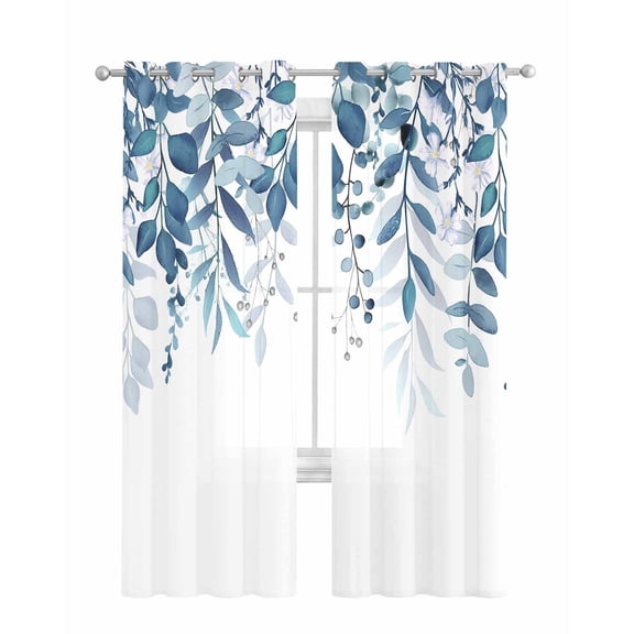 Blue Leaves Sheer Curtains 84 Inch Length 2 Panels Set for Living Room/Bedroom, Summer Botanical Kitchen Curtains with Grommet Semi-Sheer Curtains Drapes Voile Window Treatments 42"x84"x2