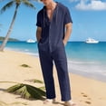 thumbnail image 2 of Awwp Men Set Summer Matching Set for Men Holiday Shor Sleeve Shirts 2 Piece Sets Trendy Long Pants Button Button With Hooded Navy L, 2 of 7
