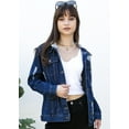thumbnail image 2 of Women's Detachable Hoodie Denim Jacket Ripped Distressed Oversized Jean Coat W Pockets, Indigo, X-Large, 2 of 5
