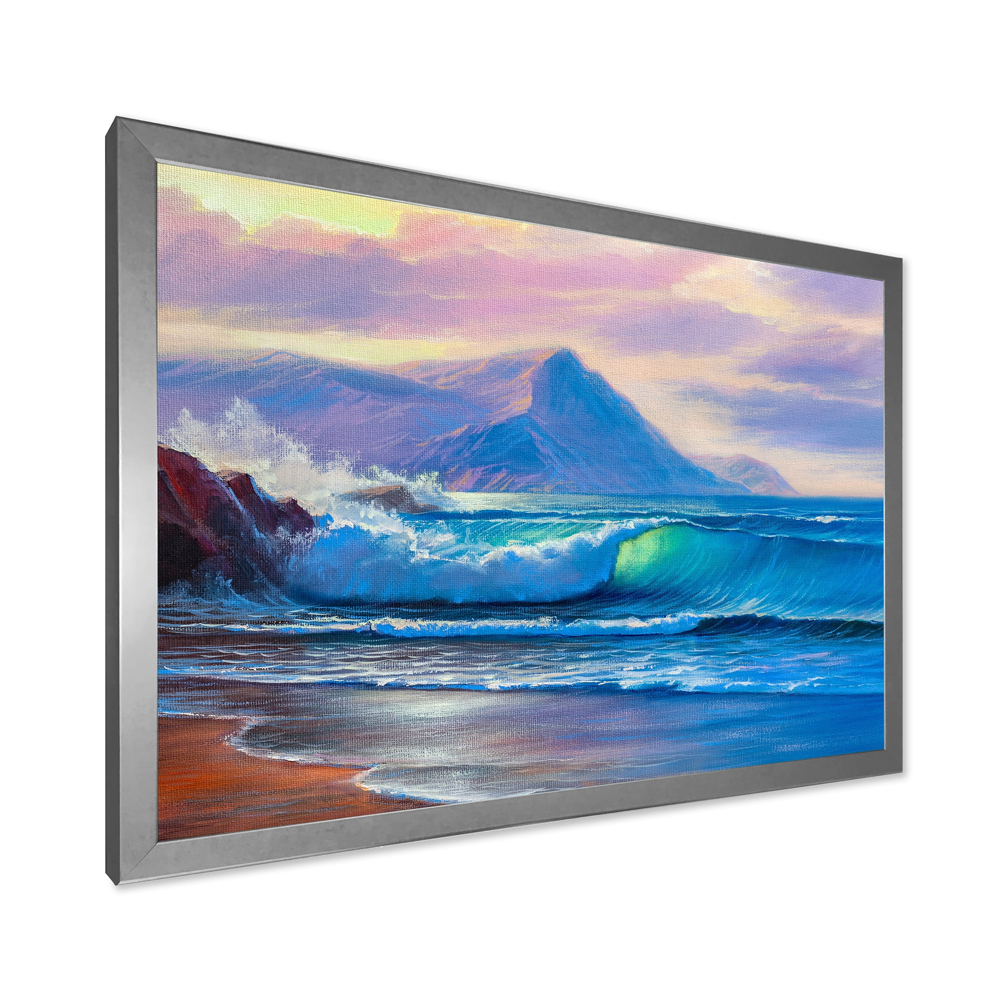 Designart 'Blue Waves Breaking At The Beach Landscape I' Nautical & Coastal Framed Art Print