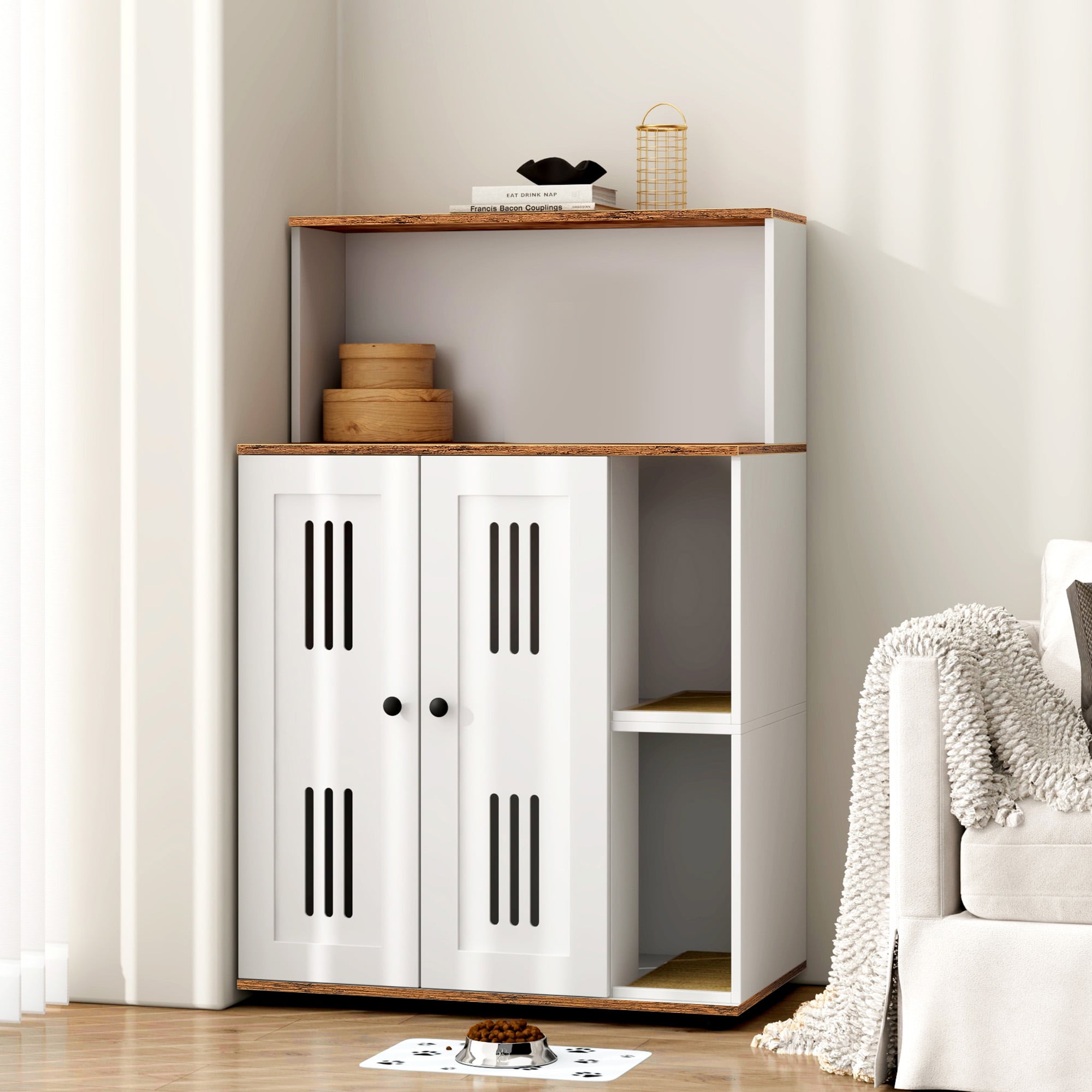 2-Tier Double Cat Litter Box Enclosure Cabinet, Hidden Enclosed Cat Washroom Furniture with Side Openings and Storage Shelf, End Table Cover for 2 Cats, White Walnut