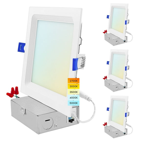 Luxrite 6 Inch Square LED Recessed Lighting, 15W, 5CCT Color Selectable 2700K-5000K, 1400 Lumens, Baffle Trim 4 Pack