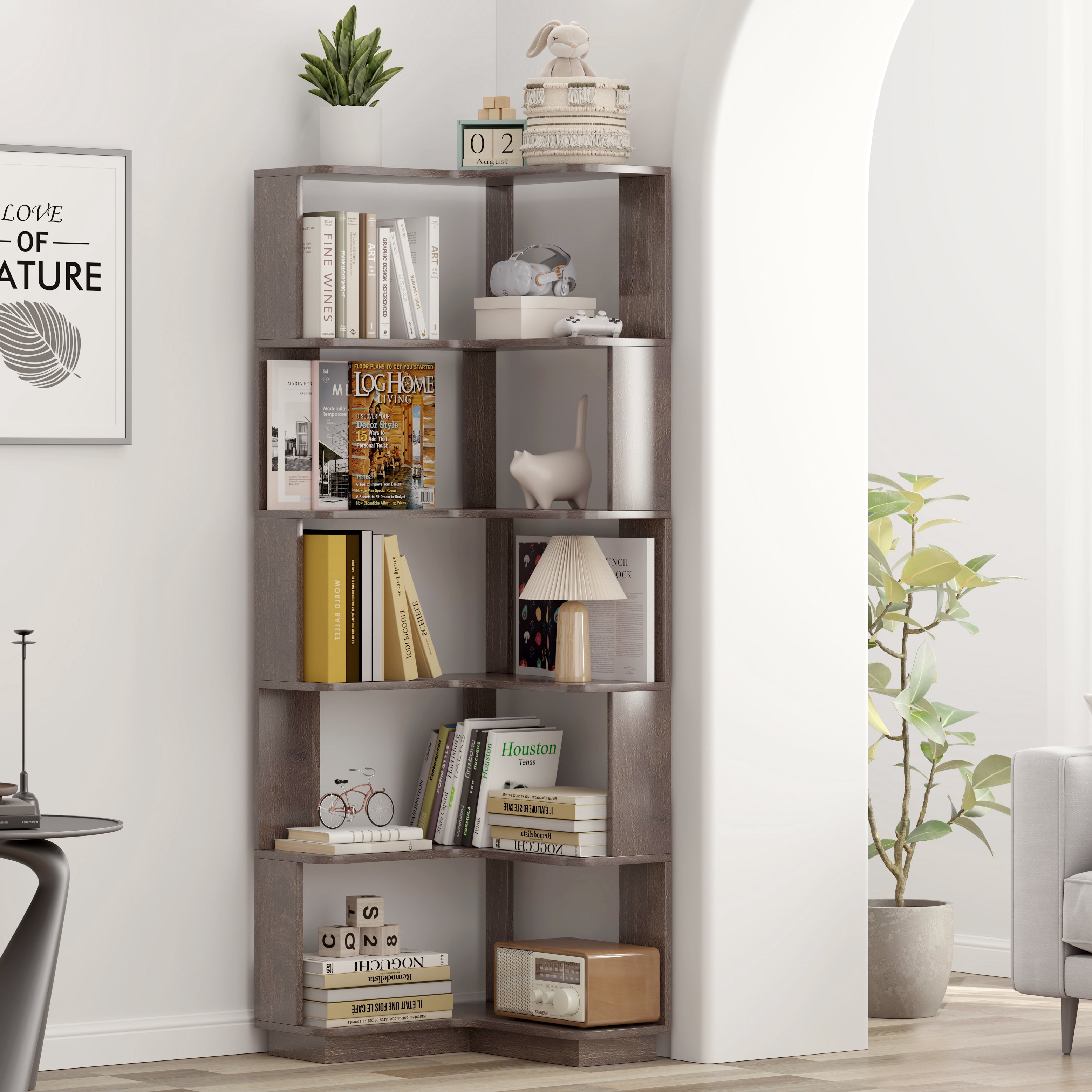 6 Tier Freestanding L-Shaped Corner Bookshelf Dark Brown Wooden Bookcase with Anti-Drop Panel Anti-Tipping Device Display Shelf Storage Organizer