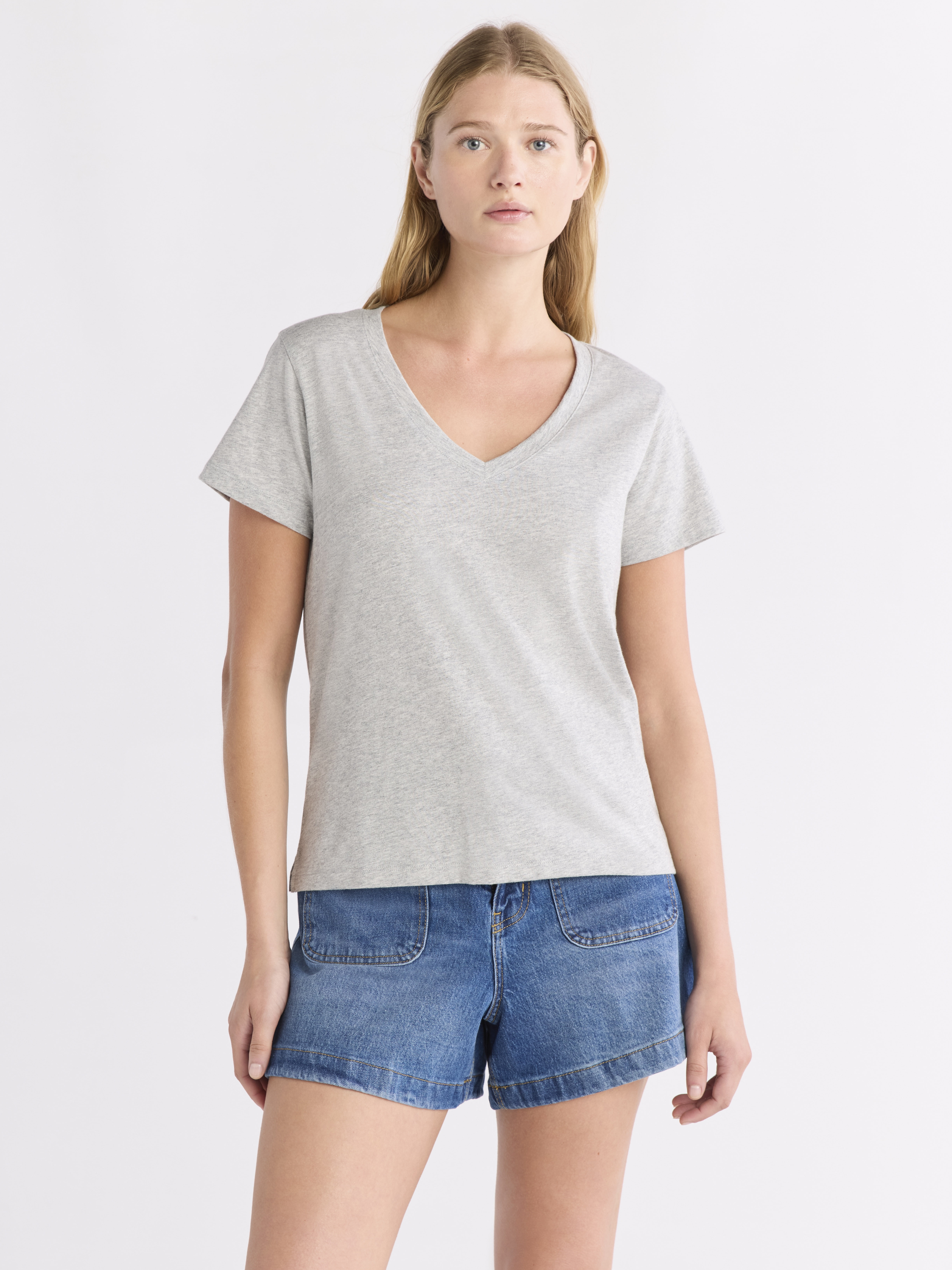 free ＆　easy Free Assembly Women's Cotton V-Neck Tee with Short Sleeves