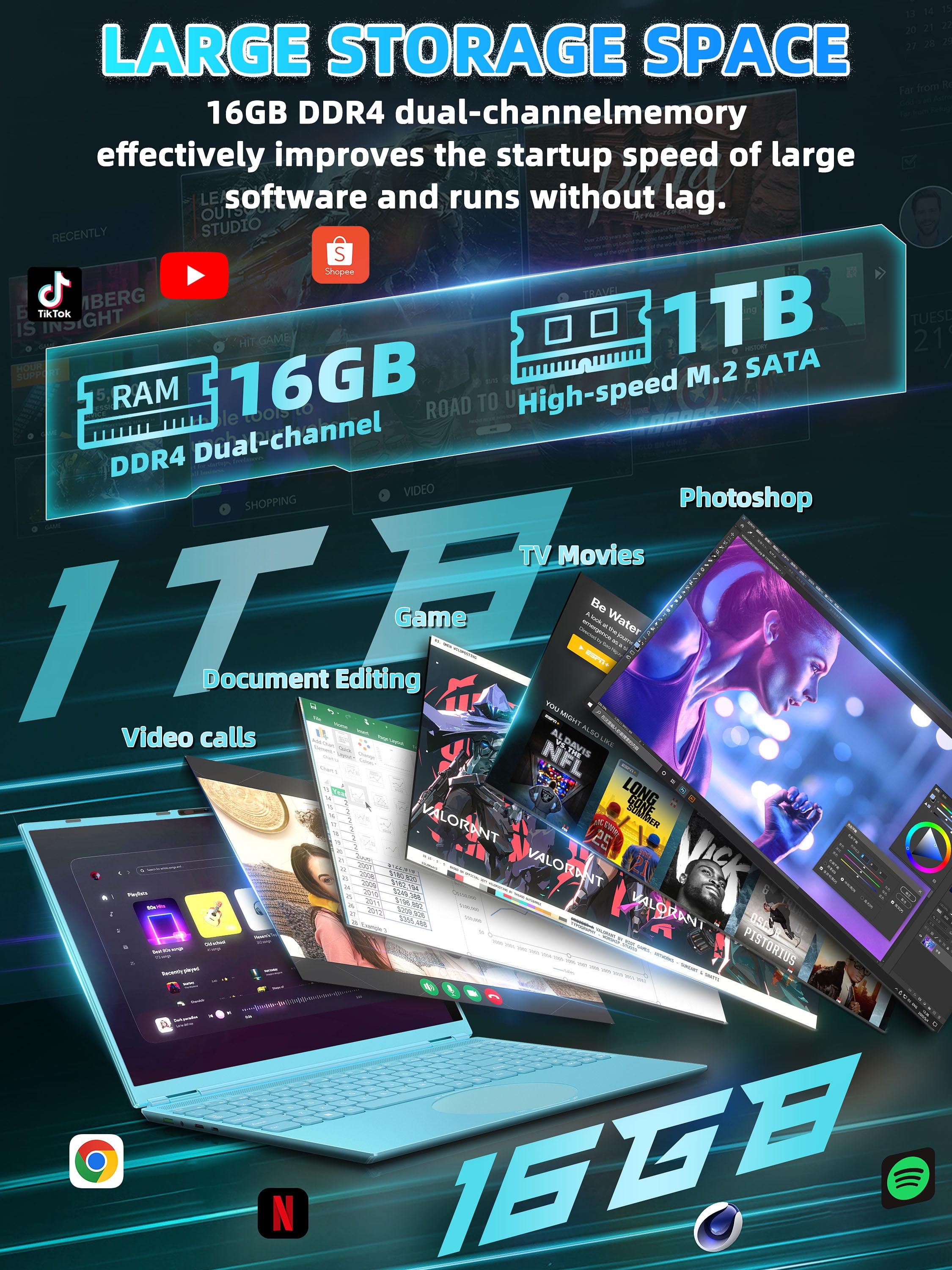 【Win 11 Pro/Office 2019】16" Blue Ultra-Narrow Bezel Laptop, DDR4 16GB RAM, 1TB SSD, Full HD (1920x1080),Celeron N95 (3.4GHz),Color Backlit KB, Face Unlock, USB3.0/HDMI/WiFi/BT, PC Notebook