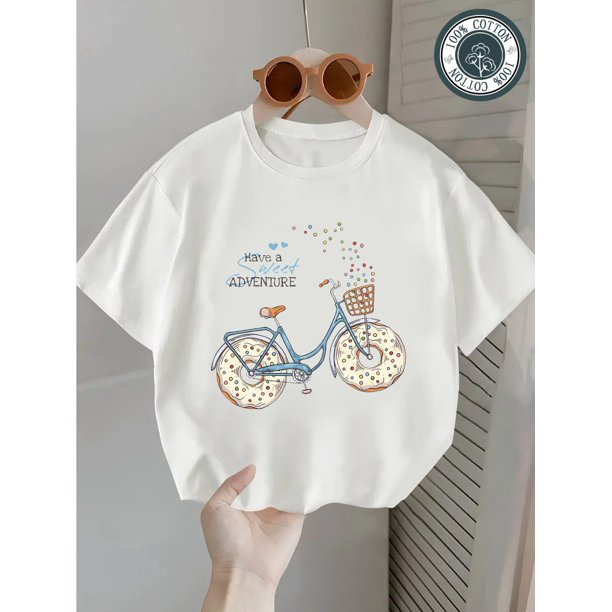 180g Pure Cotton Adventure Tee - Sweet Dreams & Dessert Bicycle Print, Girls' Casual Short Sleeve T-Shirt, Round Neck, All-Season Fashion Top for Teens, Machine Washable, Shirts for Girls