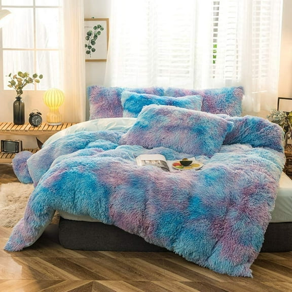 Rainbow Fluffy Comforter Cover Set Twin Plush Shaggy Fuzzy Duvet Cover Set Soft Crystal Velvet Bedding Set (1 Faux Fur Duvet Cover 1 Faux Fur Pillowcases)