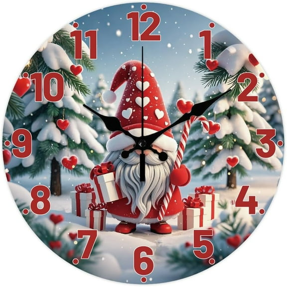 Christmas Gnomes Pattern Wall Clock 12 Inch Non-Ticking Gift Box Clocks Round Wall Hanging Clock Battery Operated for Bedroom Living Room Kitchen Office