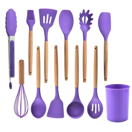 

Kironypik 12 Pieces Kitchen Cooking Tools Set Silicone Wood Handles Brush Spaghetti Claw Baking Household Kitchenware Accessories Purple