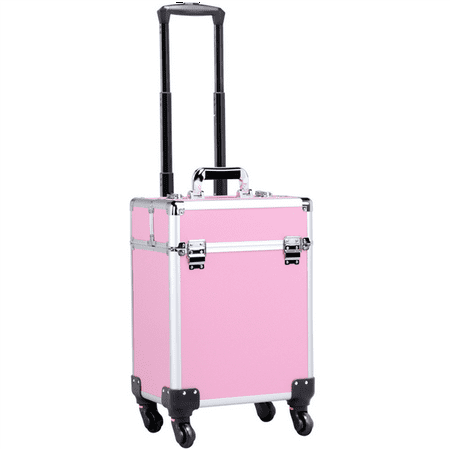 - 2 in 1 Aluminum Portable Cosmetic Beauty Hairdressing Makeup Box Case Storage Trolley Pink