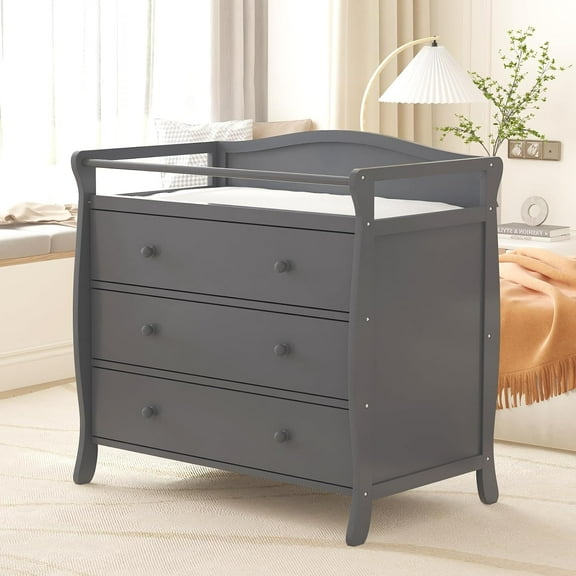 3-Drawer Baby Changing Station, Nursery Dresser with Safety Rails, Strap, and Changing Table Top - Wood Diaper Changing Solution