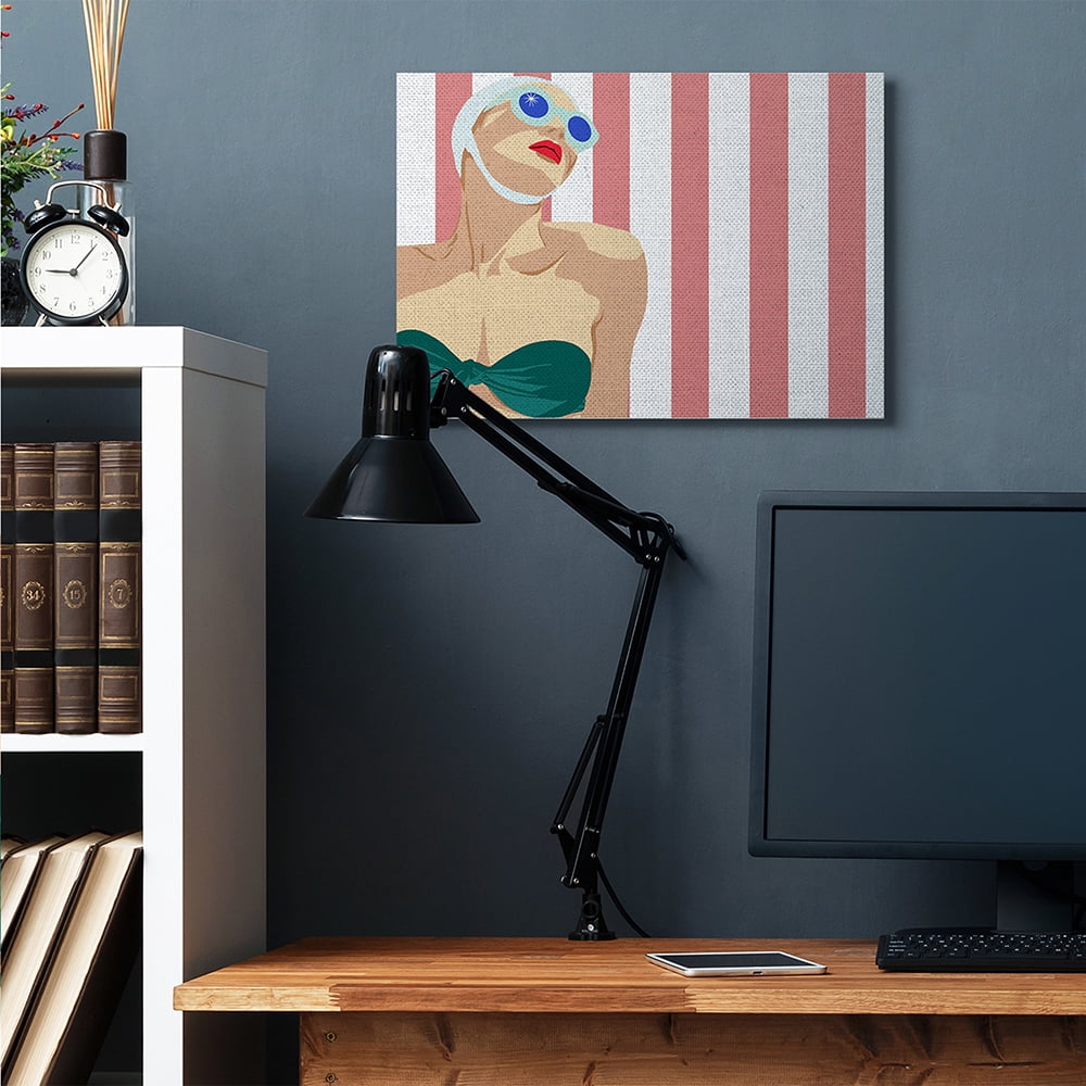 Stupell Industries Pop Vintage Female Swimsuit Bold Red Stripes Canvas Wall Art by Jen Bucheli