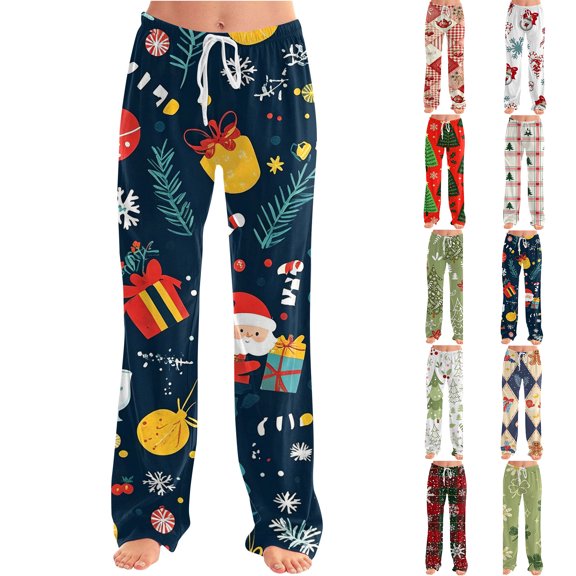 Trgacdwlo Christmas Pajama Pants Women Christmas Tree Graphics Drawstring Sleep Pants for Women Soft Xmas Comfy Wide Leg Women's Pajama Bottoms Home Wear