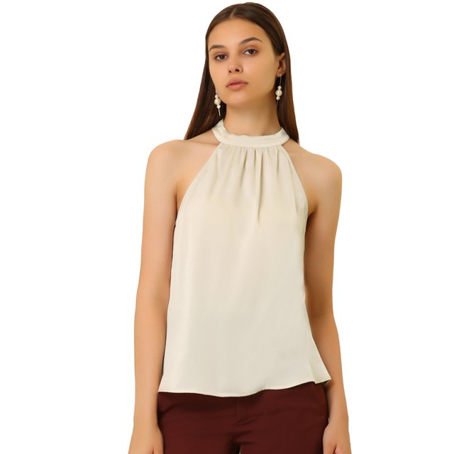 Allegra K Blusa sin mangas de satén sin mangas con abertura en la espalda para mujer Beige XL Unique Bargains Camisa