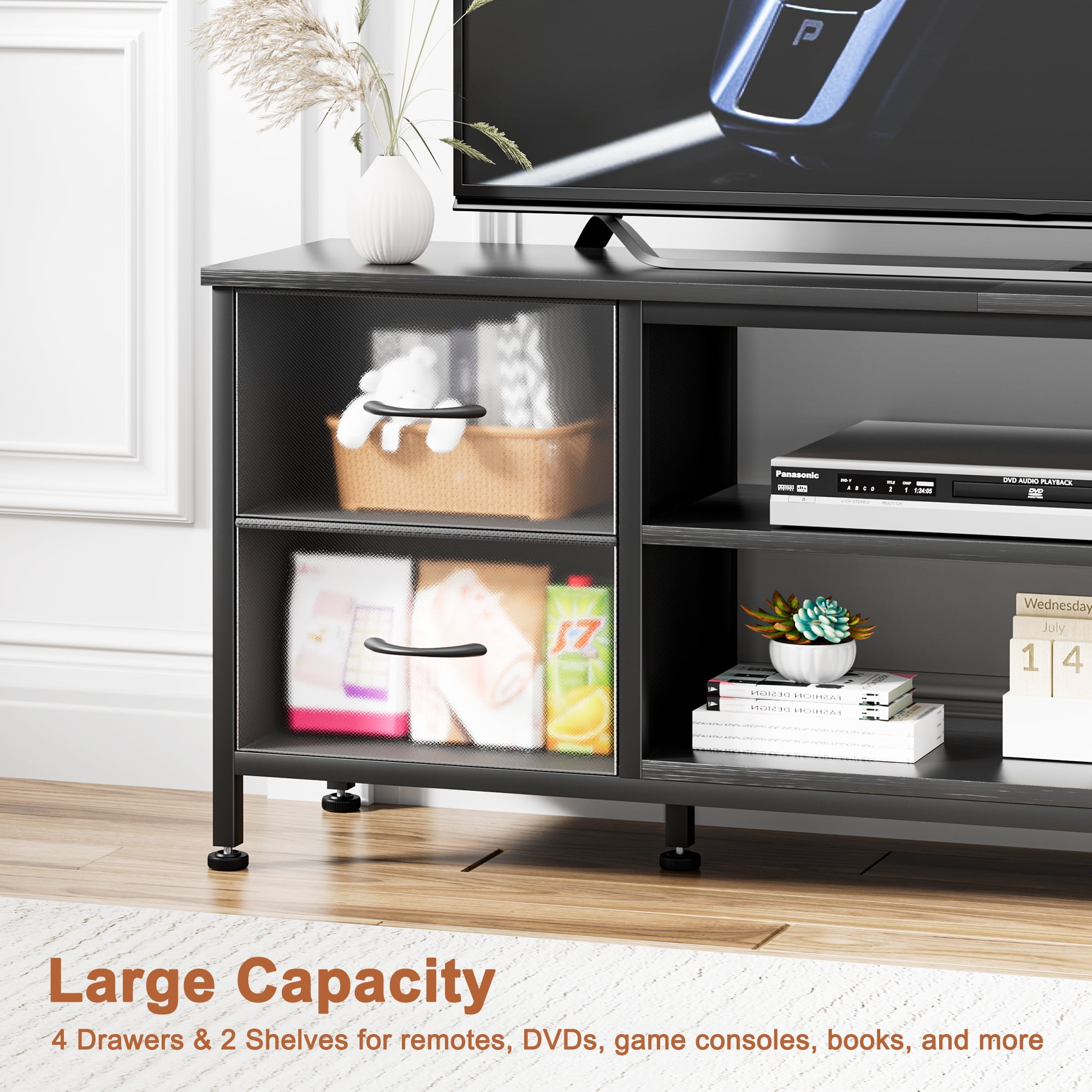 TV Stand for Bedroom, Television Stand for TV up to 60 Inch Entertainment Center Dresser with 4 Drawers Open Storage Shelves for Living Room, Entryway