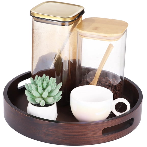Round Wood Tray with Handles, 11.8 in Decorative Wood Serving Tray with Walnut Wood Grain, Vintage Brown Coffee Table Tray for Kitchen Counter, Living Room