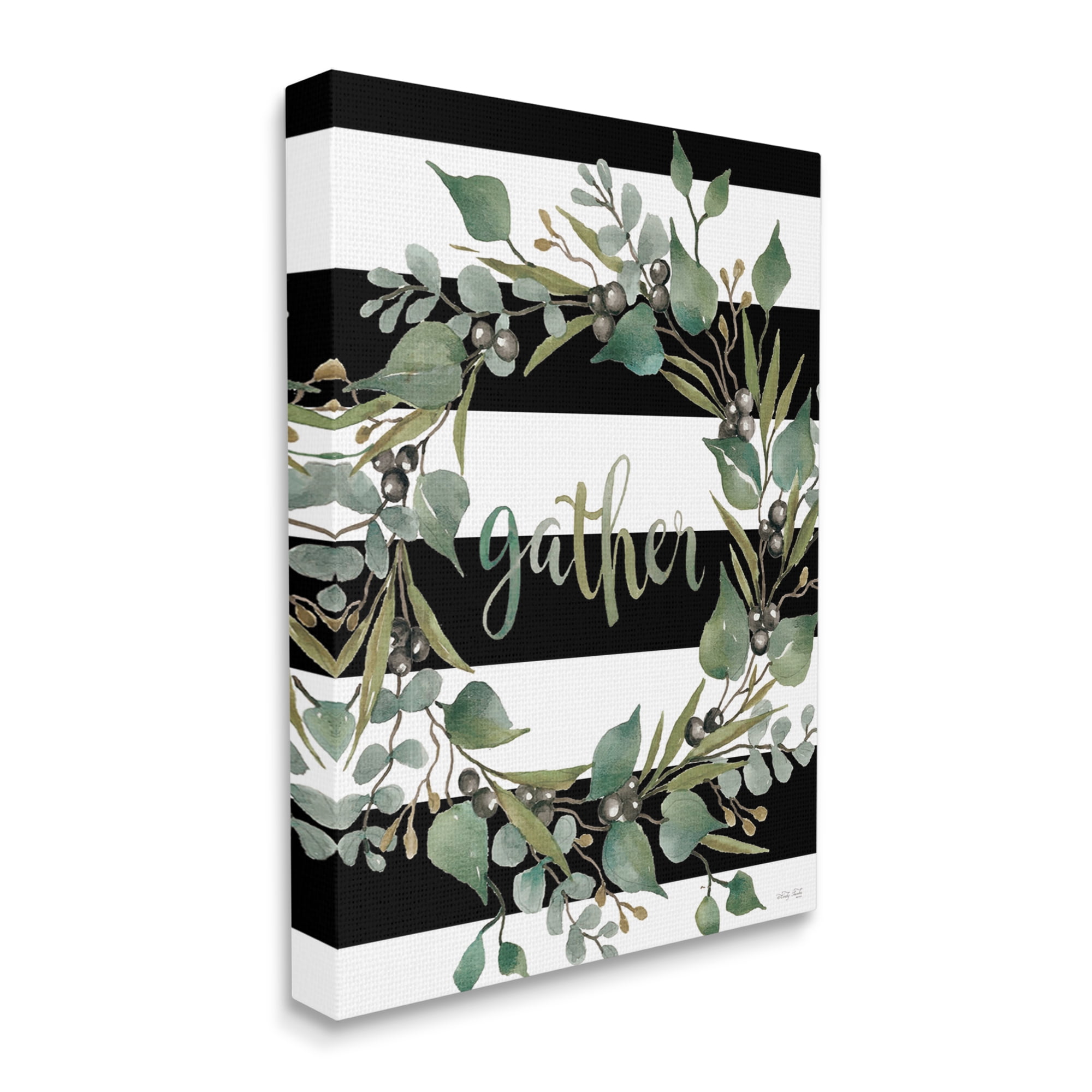 Stupell Industries Gather Calligraphy Stripes Pattern Wreath Botanicals Leaves Graphic Art Gallery Wrapped Canvas Print Wall Art, Design by Cindy Jacobs