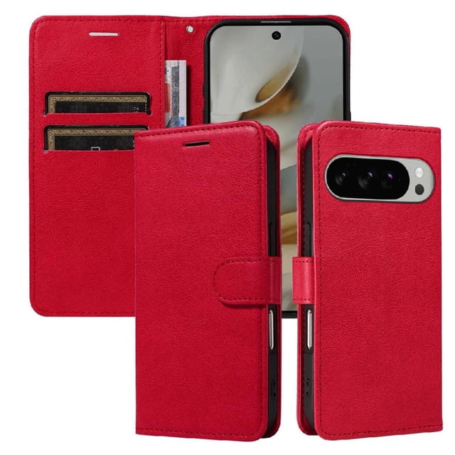 Étui Portefeuille pour Google Pixel 10 Pro TG 5G à Rabat avec Fentes pour Cartes, Support Magnétique et Sangle Rouge