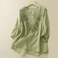 thumbnail image 3 of yunLCZ Women's Button Down Shirt Women's Literary Loose Solid Color Embroidered Flower Cotton And Linen V Neck Five Points Sleeve Top, 3 of 3