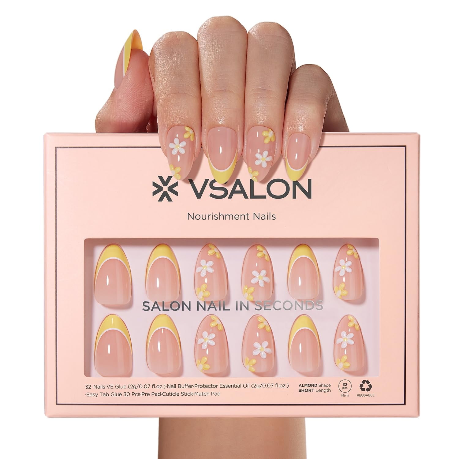VSALON Press on Nails Short Almond - Lemon Yellow French Tip 3D Flower Design Fake Nails Kit, Reusable Semi-Transparent Gel Glue on Nails with Glue & Cuticle Oil - 32 PCS Stick on Nails in 16 Sizes
