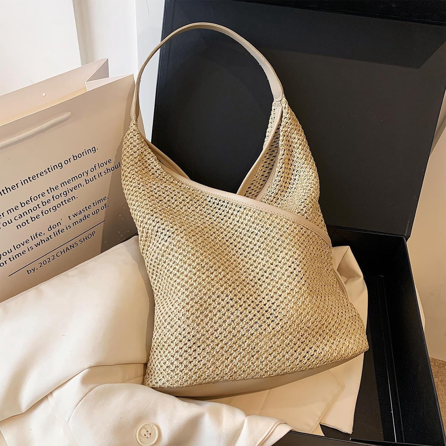 BURIBURI Straw Bags for Women, Summer Straw Purse Crochet Beach Bag Tote Bag Aesthetic Trendy Straw Shoulder Handbags