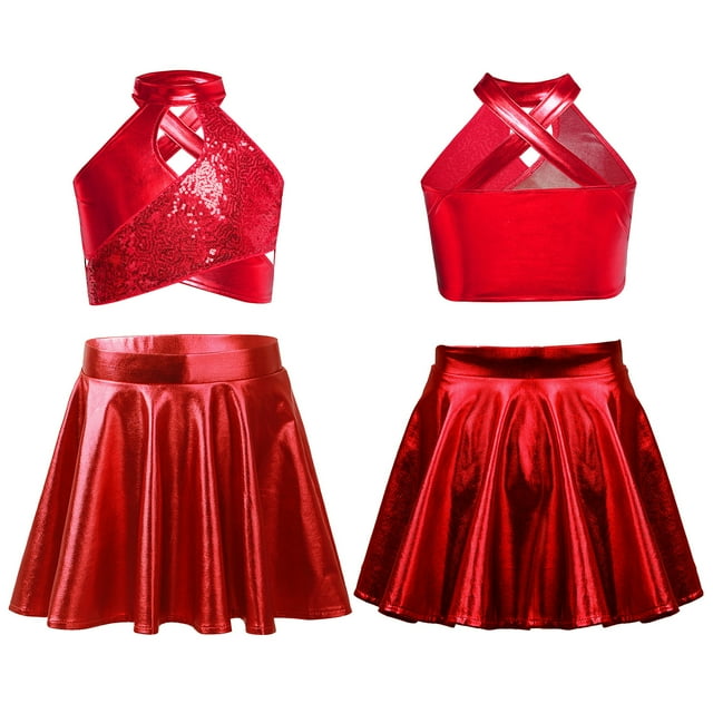 Ocealan Ensemble de Danse Jazz Latin 2 Pcs pour Filles, Haut Court à Sequins et Jupe Trapèze Rouge 14