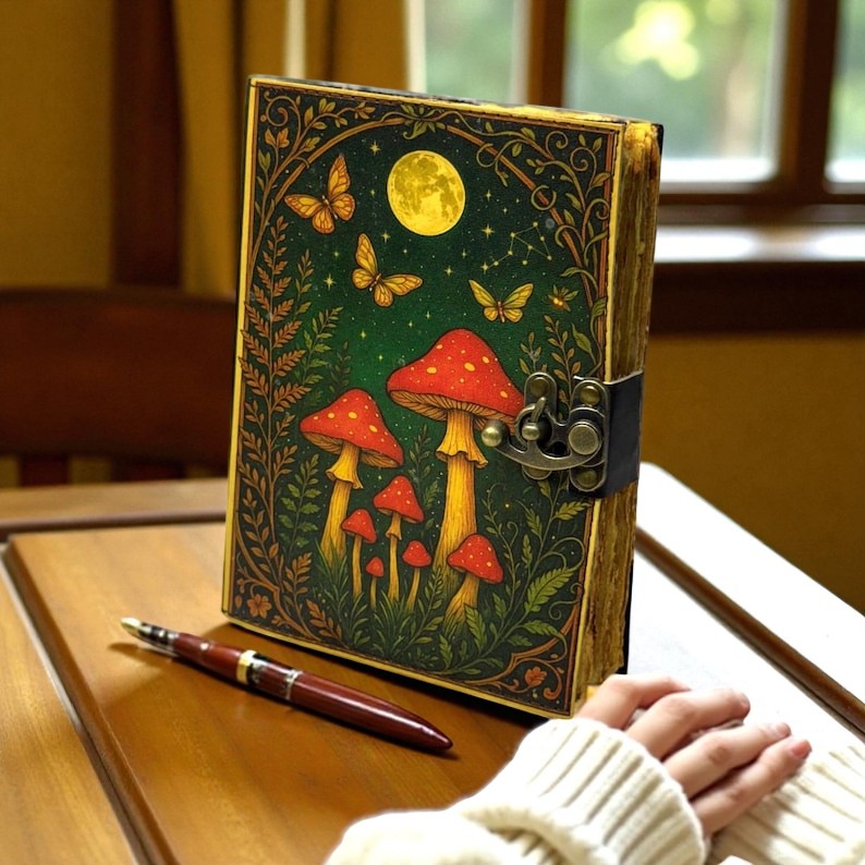 Mushroom Leather Grimoire – Vintage Book of Shadows, 200 Pages Witchcraft Spellbook, Wiccan Pagan Gothic Witchy Magic Journal