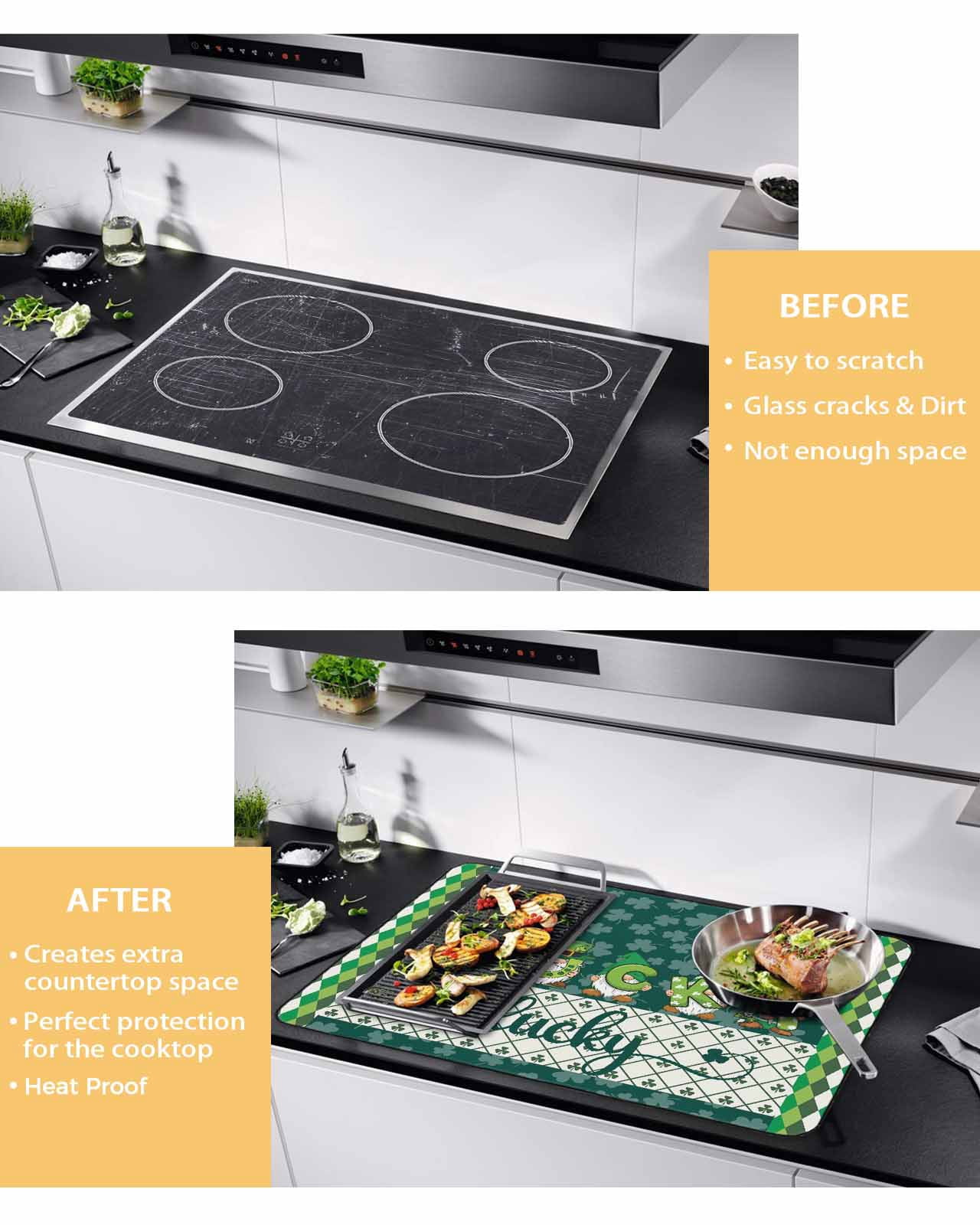Large Induction Cooktop Protector Mat St. Patrick's Day Stove Top Covers for Electric Stove, Spring Green Lucky Shamrock Gnomes Plaid Decorative Stove Burner Cover Mats, Glass Top Stove Cover