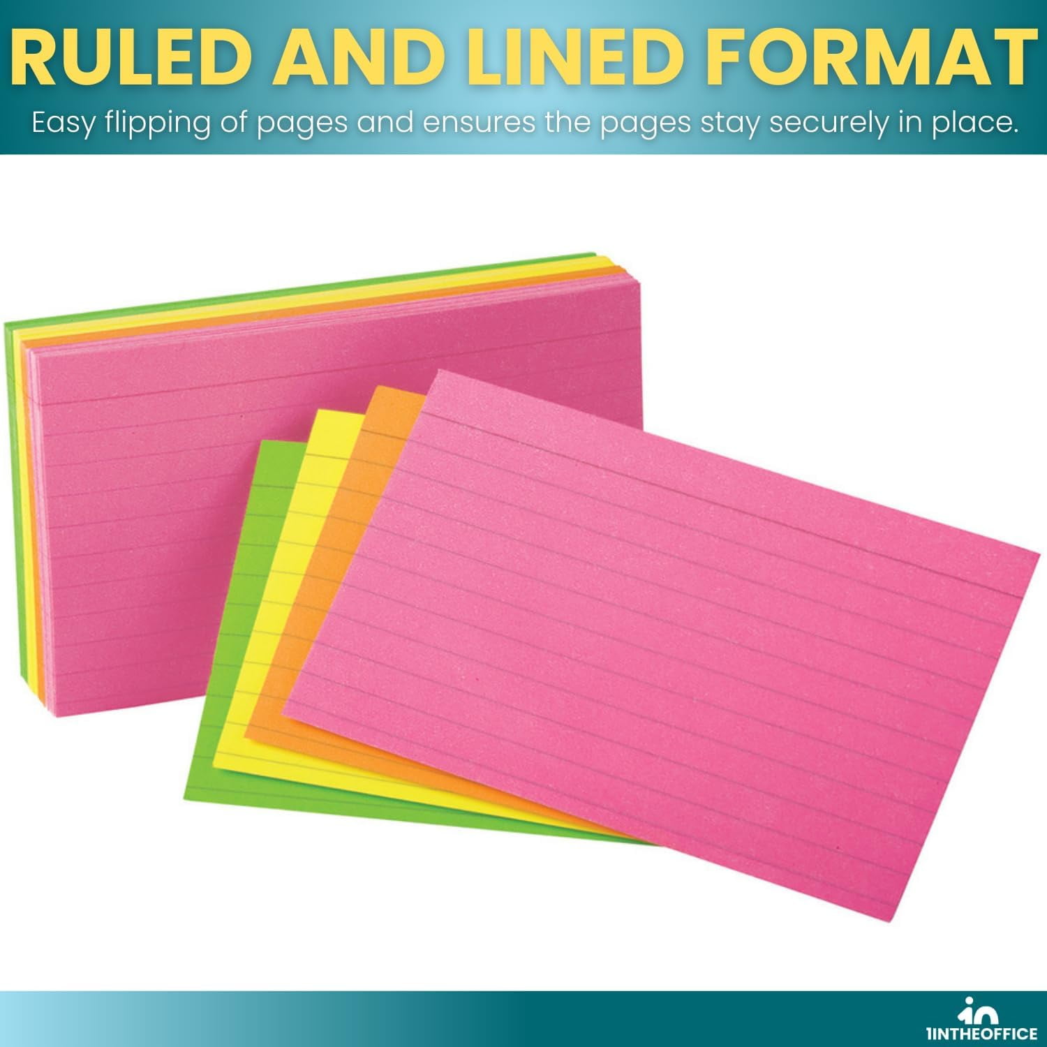 1InTheOffice Colored Index Cards 3x5, Ruled Neon Index Cards, Assorted, 600 Pack