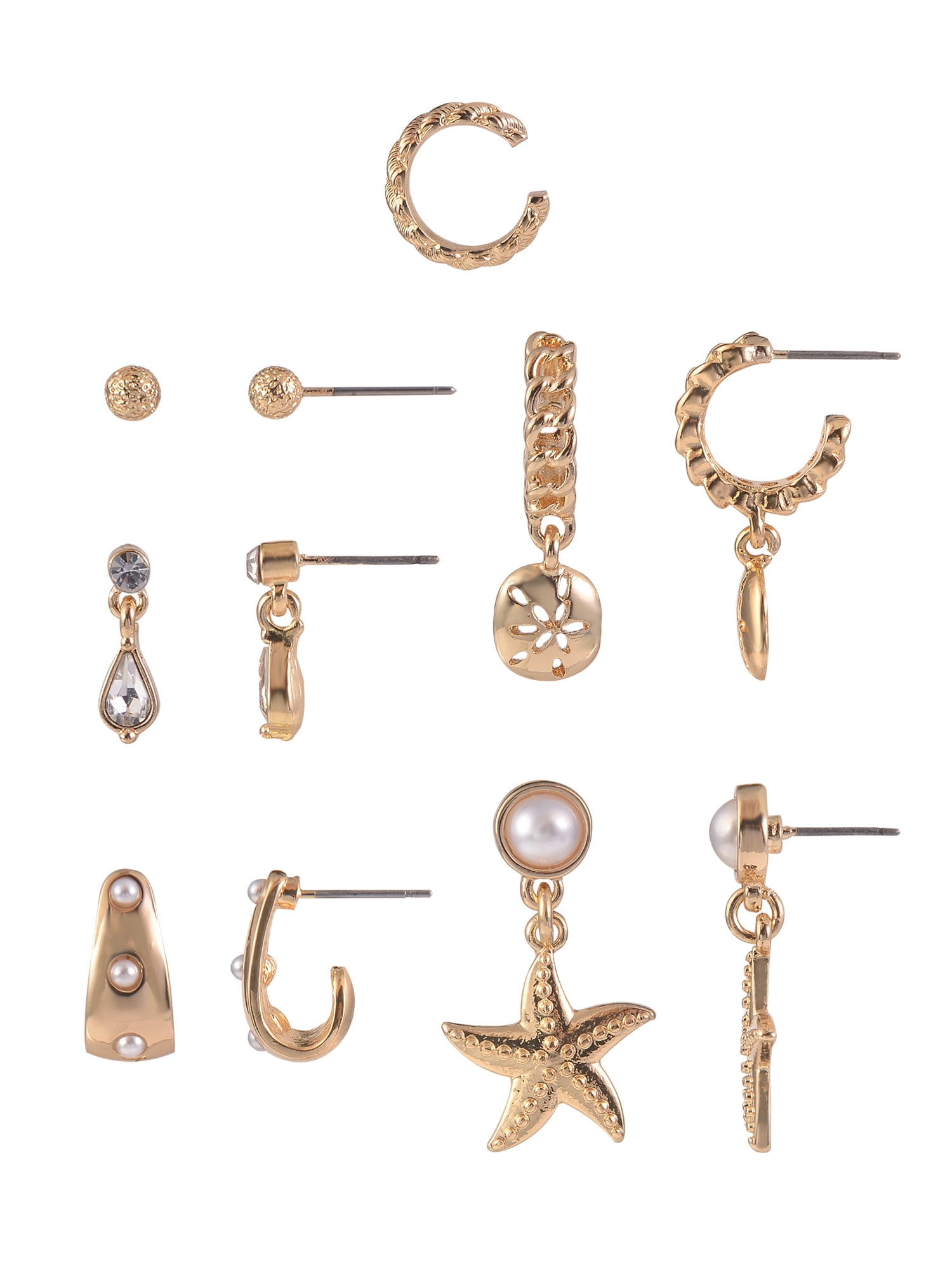 Time and Tru Women's Gold-Tone Metal Starfish and Acrylic Pearl Multi Earrings, 5 Pairs with Ear Cuff