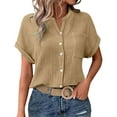 thumbnail image 2 of TODOZO Short Sleeve Cotton Collared V Neck Tops Shirts Button Down Shirts for Women Womens Blouses Casual Tops Batwing Sleeve Pocket Patched Shirt Casual Work T Shirts Double Layer Wrinkled Fabric, 2 of 9