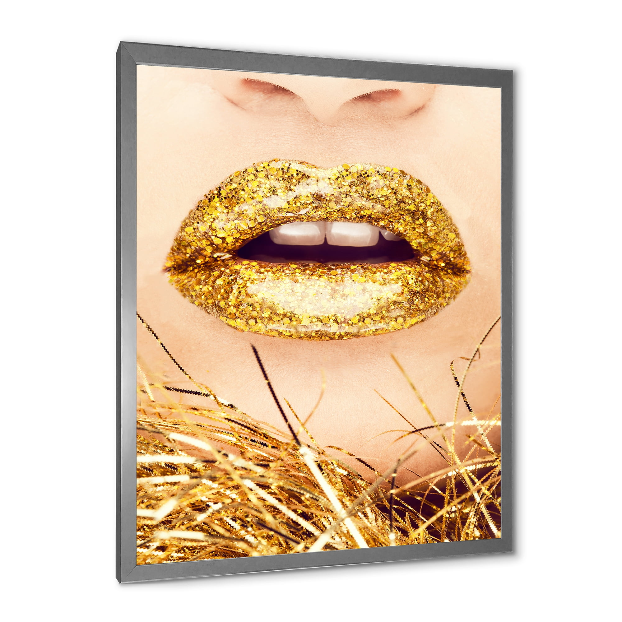 Designart 'Close-Up Of Golden Female Lips I' Modern Framed Art Print