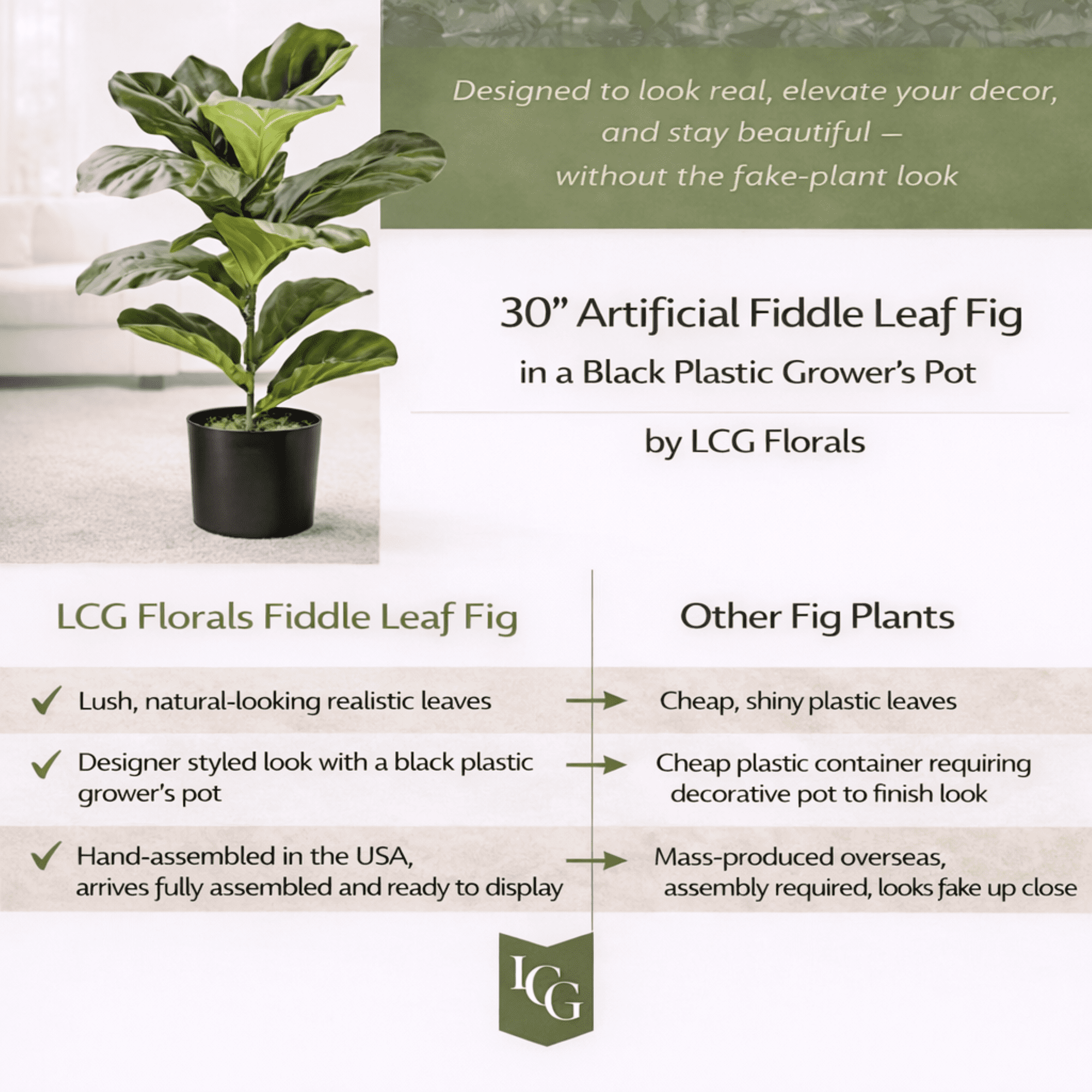 Artificial Plant, 2.5ft Fiddle Leaf Fig  Plant in a Plastic Black Grower's Pot by LCG Florals, Faux Designer Fake Indoor Plant for Living Room, Office, and Home Décor