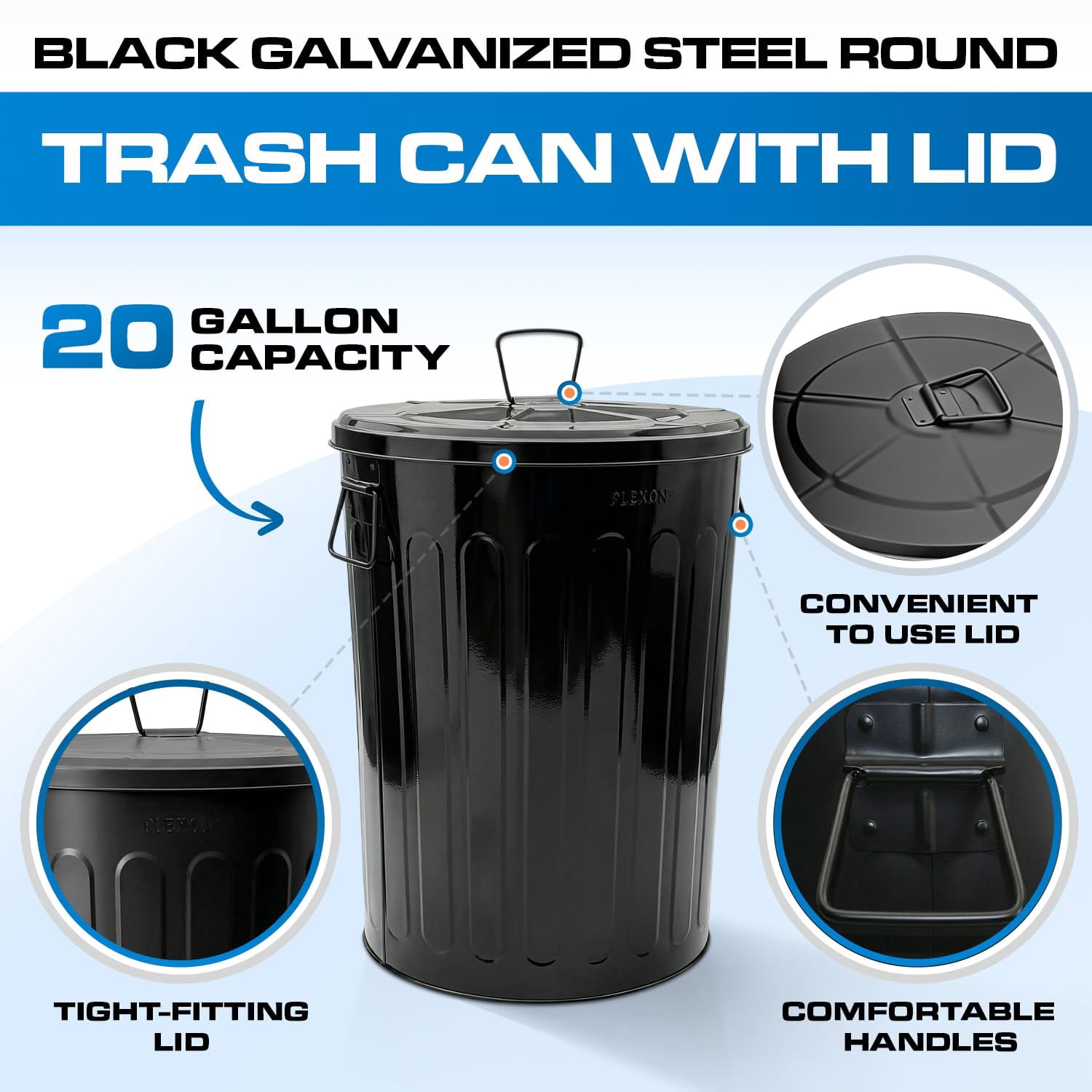 GGsum 20 Gallon Metal Trash Can with Lid Outdoor Large Trash Bin Steel Garbage Can for Garage Patio Farmhouse Bucket Bird Seed Storage Can Heavy Duty Round Container, Black