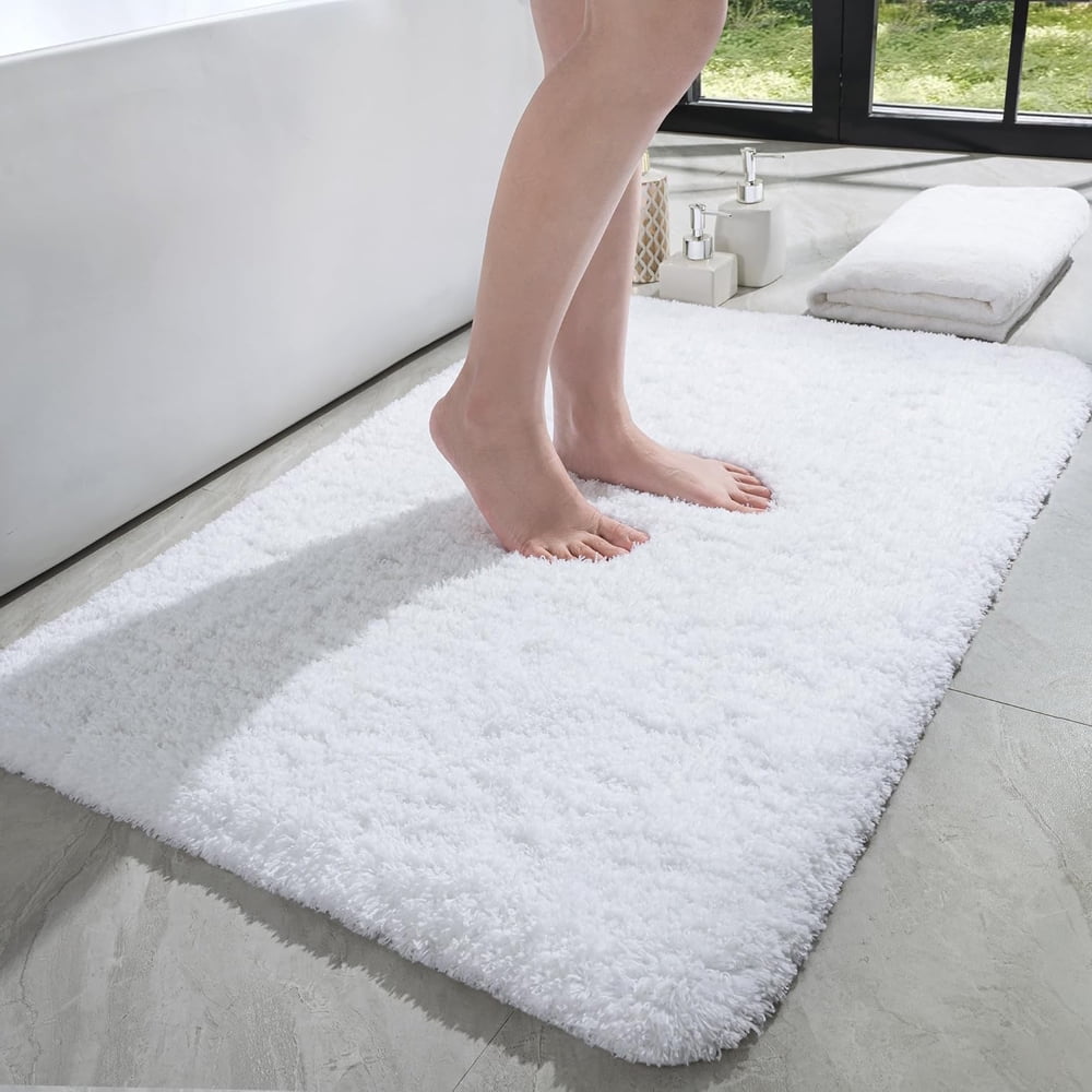Soft White Bath Rugs Absorbent Non-Slip Backing 24x35inch, Microfiber Fluffy Shaggy Bathroom Mats Machine Washable Floor Rug