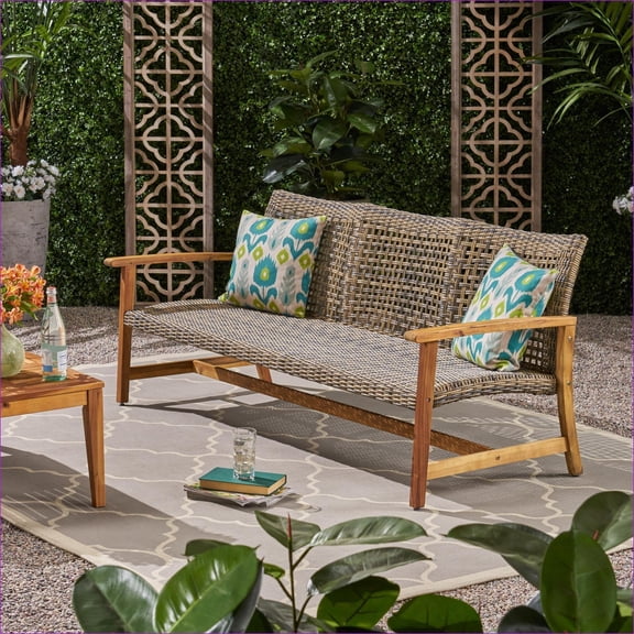 Outdoor 3 Seater Wicker Sofa | Classic Natural Style for Patio Backyard | Acacia Wood | Natural light gray