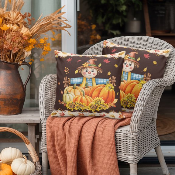Fall Thanksgiving Scarecrows Orange Pumpkin Waterproof Throw Pillow Covers Set of 2 Rural Sunflower Maple Leaf Outdoor Cushion Cover Pillow Protector Decorative Pillowcases for Bed Sofa Couch,16x16in
