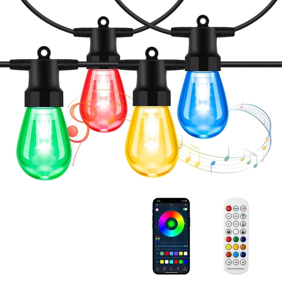 50ft Outdoor String Lights, RGB & Warm White Patio Lights with 20 Bulbs, Color Changing, App & Remote Control, Waterproof, Connectable, Backyard & Christmas Decor