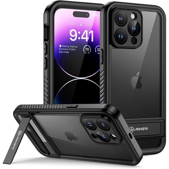 Phone 15 Pro Max Case with Kickstand, IP68 Waterproof Dustproof Built-in Screen Protector, Full Body Shockproof Protective Front and Back Cover for iPhone 15 Pro Max, 6.7 Inch (Black)