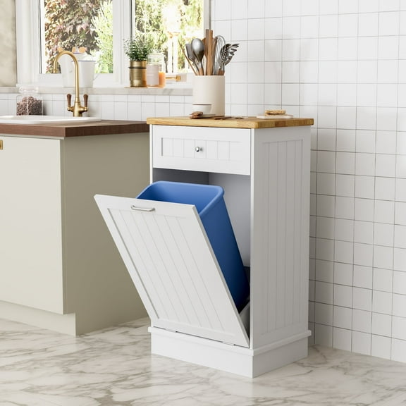 GETYES Single Tilt Out Trash Cabinet, Wooden 10 Gallon Recycling Cabinet, White