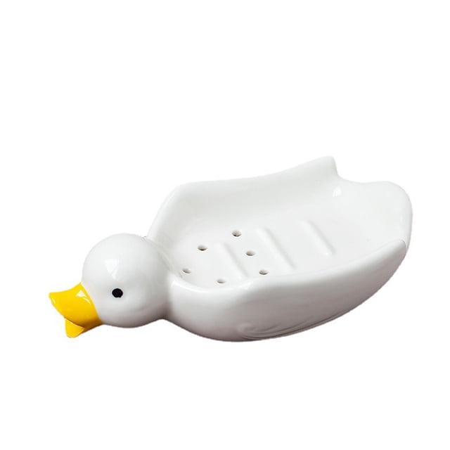 Paquete de 2 jaboneras de cerámica de pato blanco, bonito soporte para jabón en barra, bandeja de jabón autodrenante para animales con drenaje para baño, soporte para esponja