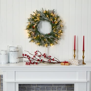 Nearly Natural 24" Snowed Artificial Christmas Wreath with 50 Warm White LED Lights and Pine Cones, Green