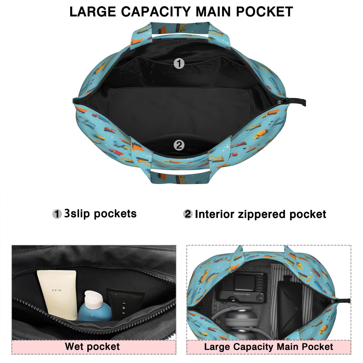 Cartoon Construction Vehicles Snowflakes Travel Tote Bags for Women Carry On,Large Weekender Bags for Women Travel,Multi Functional Duffle Bag for Work,Shopping,Sports