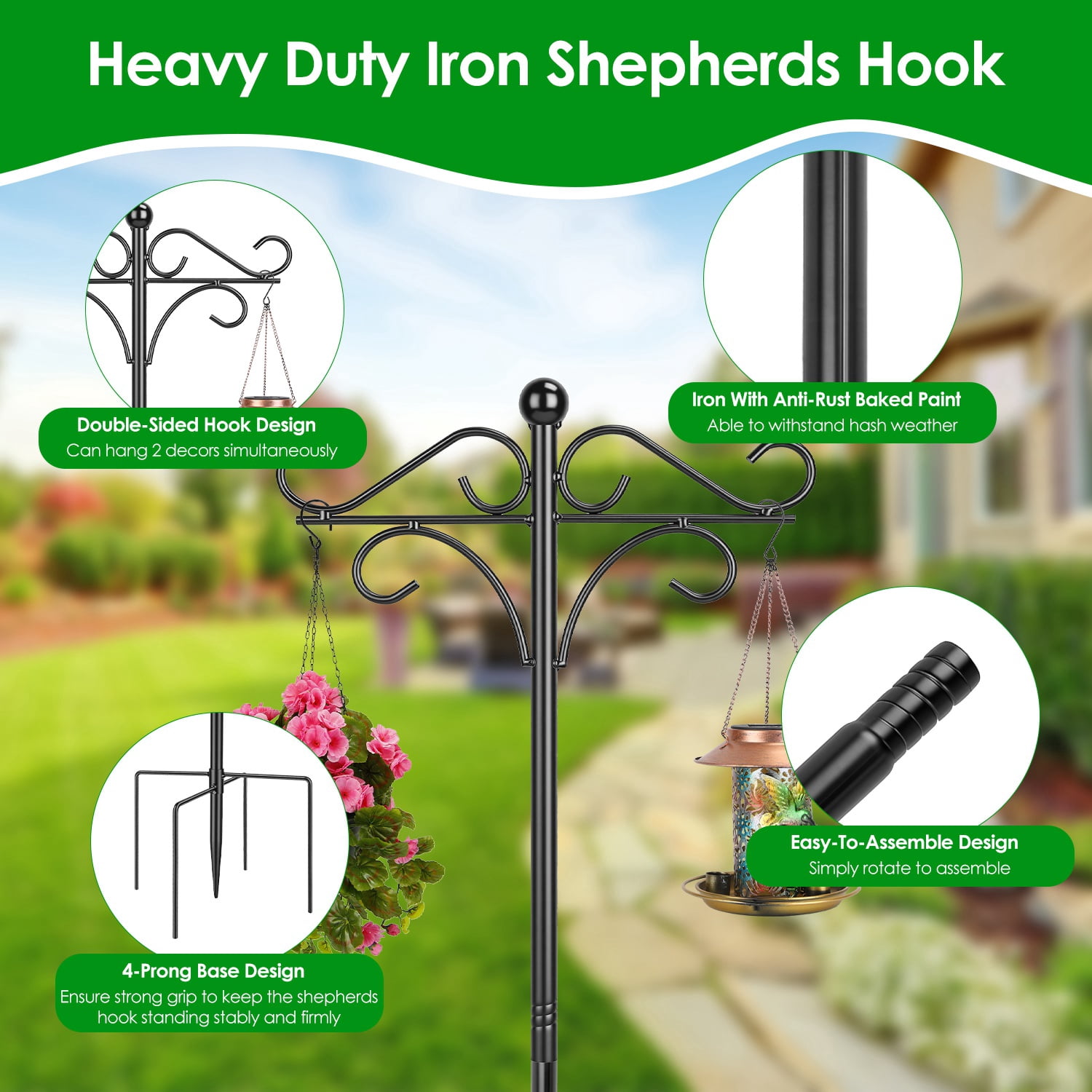 Adjustable Shepherds Hook with 5 Prong Base Dual Sided Hooks Sturdy Iron Garden Hanger for Bird Feeders Lanterns Flower Baskets Black