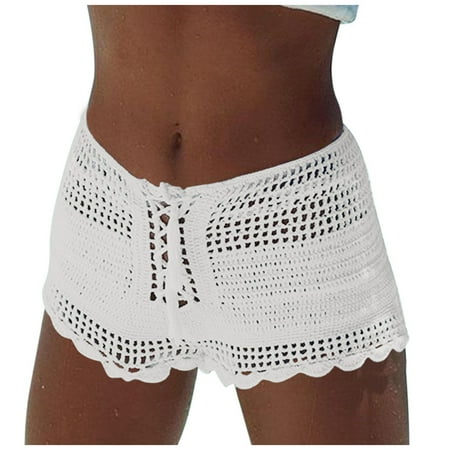 alcepopk Women s Hollow Out Drawstring Waist Bikini Cover Up Shorts Tie Front Crochet Cover Up Bottom(White L)