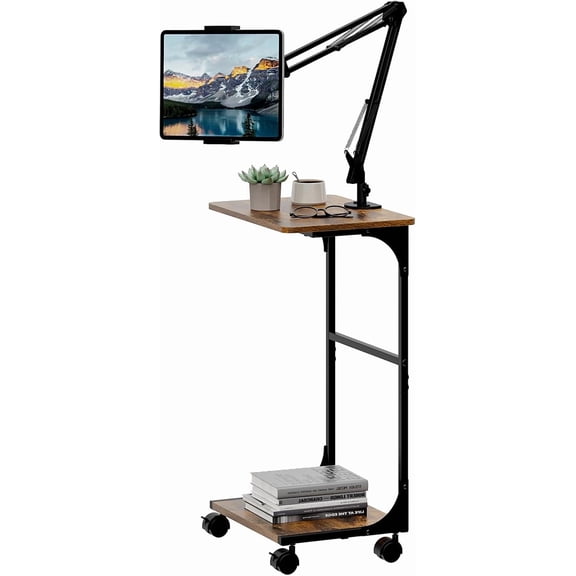X-COSRACK Tablet Floor Stand with 2-Tier Storage Shelves, Height Adjustable Rolling iPad Holder, 360° Rotating Phone Mount for Bed & Couch, Fits 4.7"-13" Devices, Rustic Brown