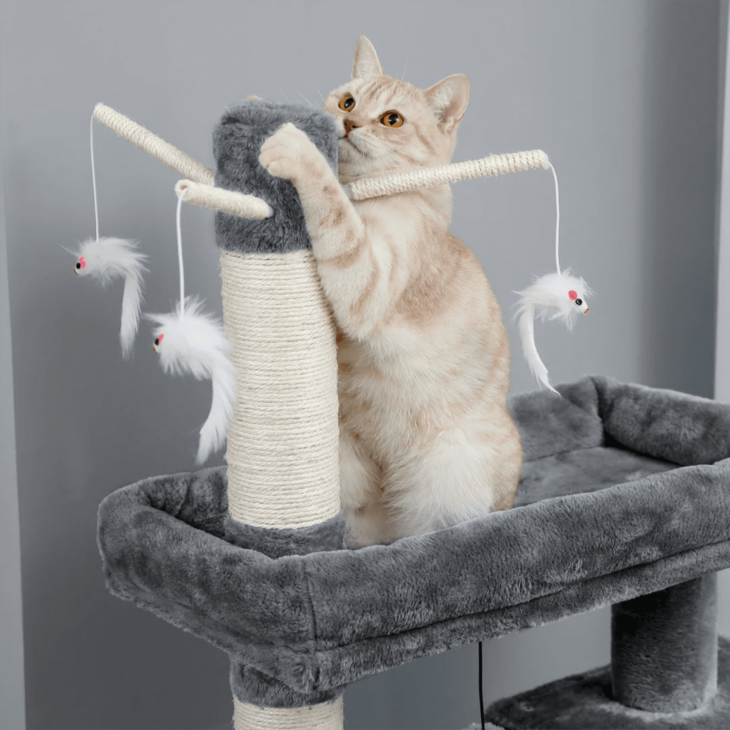 Pefilos 64" Modern Cat Tree for Large Cat Condo for Multiple Cats with Top Perch, Cozy Hammock, Climbing Ladder, Feeding Bowl and Cat Interactive Toy Cat Tower for Big and Fat Spacious, Gray
