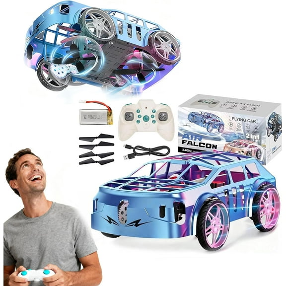 Flying Car, Flying Remote Control Car, 2 in 1 Flying RC Cars Drone, Remote Control Quadcopter with Headless Mode, One Key Take Off/Landing, LED Lights, Easy to Fly Toy Drones (Blue)