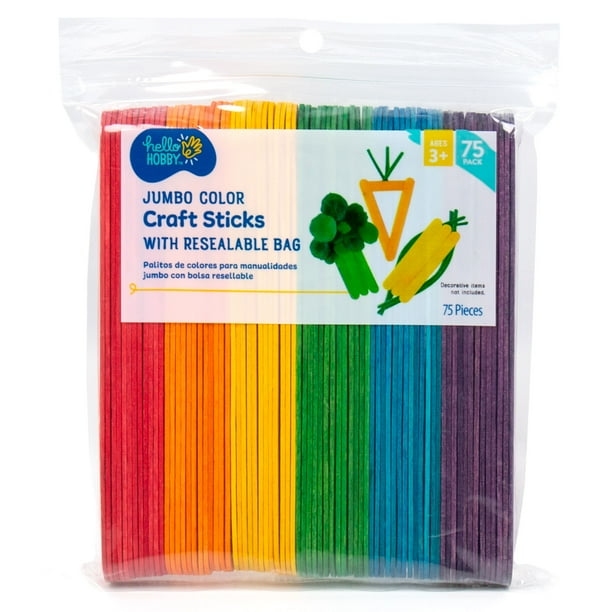 Hello Hobby Jumbo Wood Multicolor Craft Sticks, 75Pack