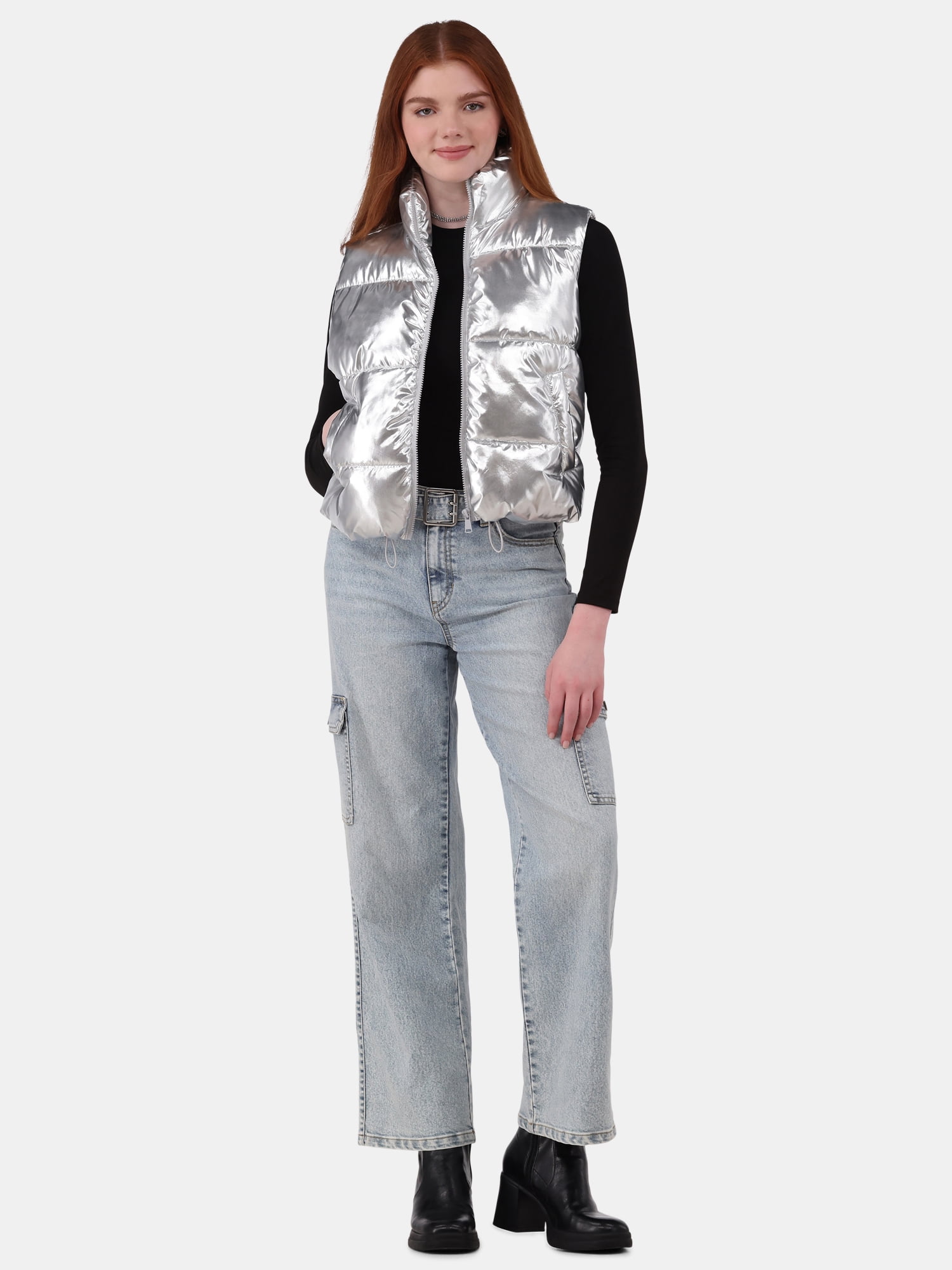 No Boundaries Metallic Puffer Vest, Women's and Women’s Plus